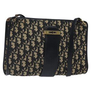 Christian Dior Trotter Canvas Shoulder Bag Navy Gold Auth 123314